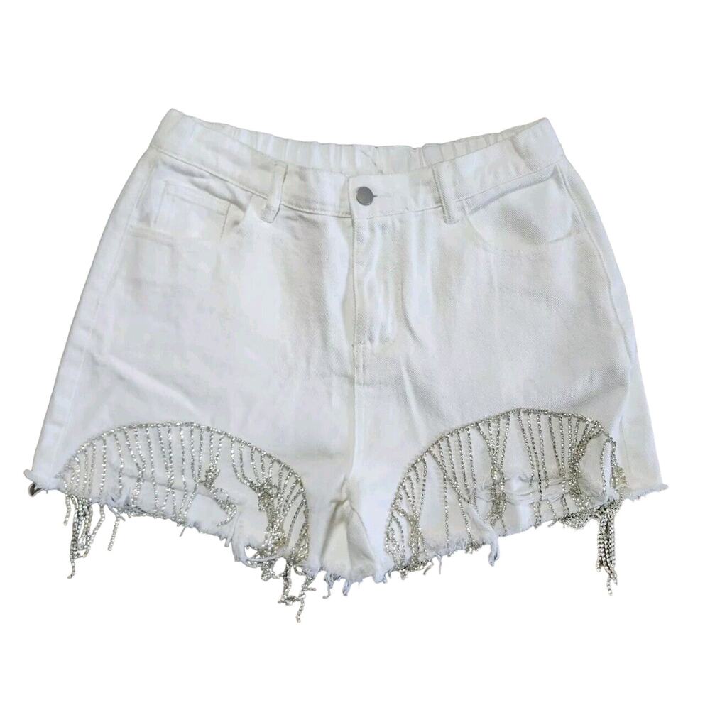 Savanna Jane Rhinestone Fringe White Jean Denim Shorts Size Medium‎ Festival